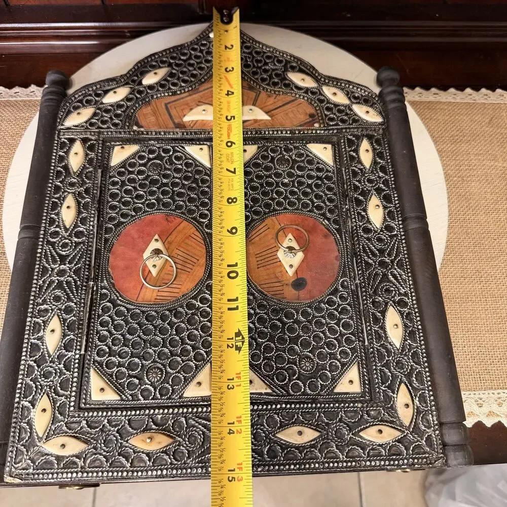 Vintage Moroccan Wall Mirror With Camel Bone Inlay, Leather, And Metalwork